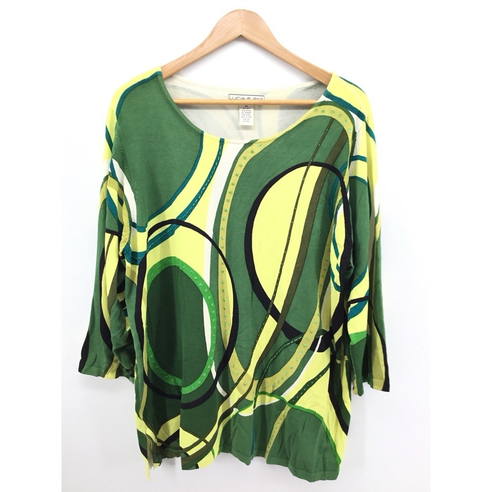 VTG Lucia Burns 2X Abstract Geometric Lime Green Boho Artsy Tunic RetroPlus AC01